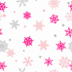 Christmas seamless pattern of beautiful complex red and gray snowflakes on white background. Winter illustration with falling snow.