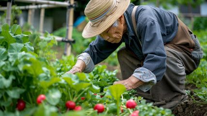 野菜畑で収穫する日本の高齢男性