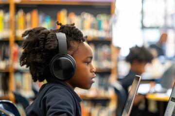 A young student focused on using a laptop in a school library, working on an interactive educational software.