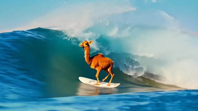 Miniature camel balances on tiny surfboard, riding massive ocean wave. Vibrant blue water and foamy white crest frame the whimsical scene. Desert dweller's humps and fur glisten with spray in surreal.