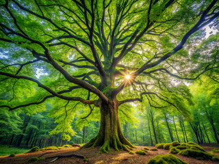 Naklejka premium trees in the forest, green, landscape, woods, spring, wood, park, summer, path, leaf, foliage, environment, leaves, sun