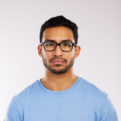 Fototapeta premium Eye care, portrait or Asian man in studio with glasses, sight or medical insurance for optometry. Male person, optician client or frame with lens for blue light protection, vision or white background