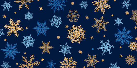 Christmas background of beautiful complex snowflakes, colored on dark blue. Winter illustration with falling snow.