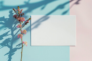 Simple and aesthetic blank greeting card featuring white blossoms on a light blue and soft pink backdrop, perfect for personal messages