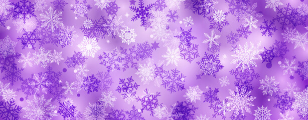 Christmas background of beautiful complex snowflakes, in purple colors. Winter illustration with falling snow.