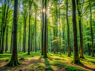 Fototapeta premium forest in the morning, green, landscape, trees, path, woods, wood, park, foliage, spring, summer, road, autumn, pine