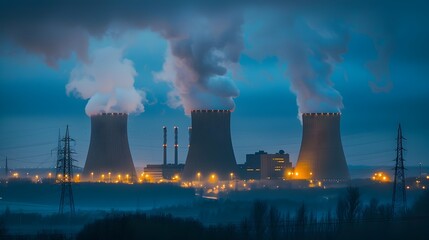 Dramatic Nuclear Power Station at Dusk with Illuminated Towers and Rising Steam