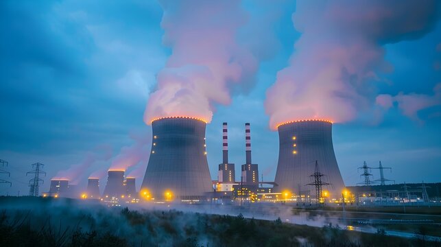 Illuminated Nuclear Power Plant at Dusk with Steaming Towers in Scenic Industrial Landscape