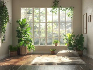 Fototapeta premium Cozy Scandinavian-inspired Home Interior with Lush Greenery and Soft Natural Lighting