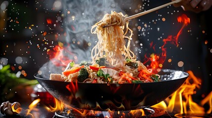 Dynamic Action Shot of Thai Chef Expertly Flipping Pad See Ew Noodles in Fiery Wok with Sizzling Vegetables and Protein