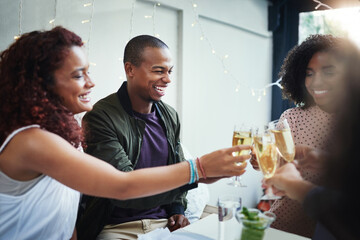 Friends, champagne and toast at party with celebration and event from engagement announcement. Alcohol, glasses and smile with congratulations, reunion and holiday drinks in home with people
