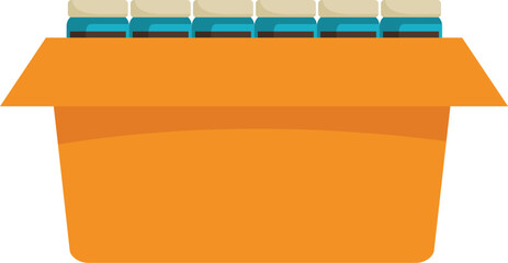 Open cardboard box full of glass jars with white lids, suggesting storage or shipping