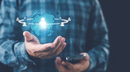 Customer care, care for employees, Customer Relationship Management, Businessman holding icon human for global structure customer network technology, service, Customer review rating concept.
