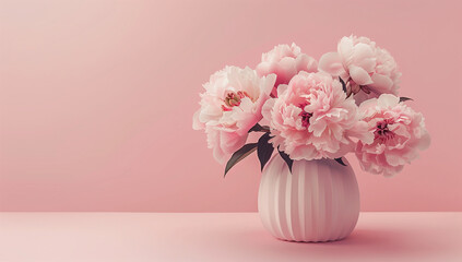 Obraz premium A romantic arrangement of pink peonies in a vintage vase on the right side against a muted rose background
