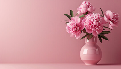 Naklejka premium A romantic arrangement of pink peonies in a vintage vase on the right side against a muted rose background