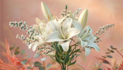 A romantic bouquet of white lilies against a blush pink background, with delicate foliage of various plants in the foreground, exuding subtlety and elegance