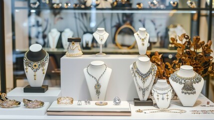 Boutique display table with unique jewelry pieces and elegant accessories