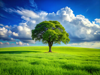 tree on the field, green, nature, meadow, blue, summer, spring, cloud, environment, horizon, rural, countryside