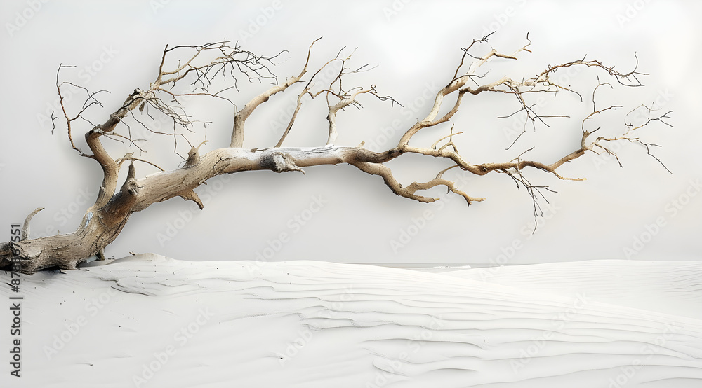 Wall mural Dry tree twigs on white sand beach, minimal background for summer concept with copy space, invoking simplicity, tranquility, and nature's artistry.