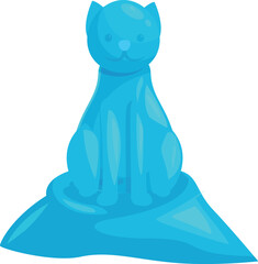 Stylized blue ice sculpture of a cat sitting majestically on a pedestal, captivating viewers with its icy elegance