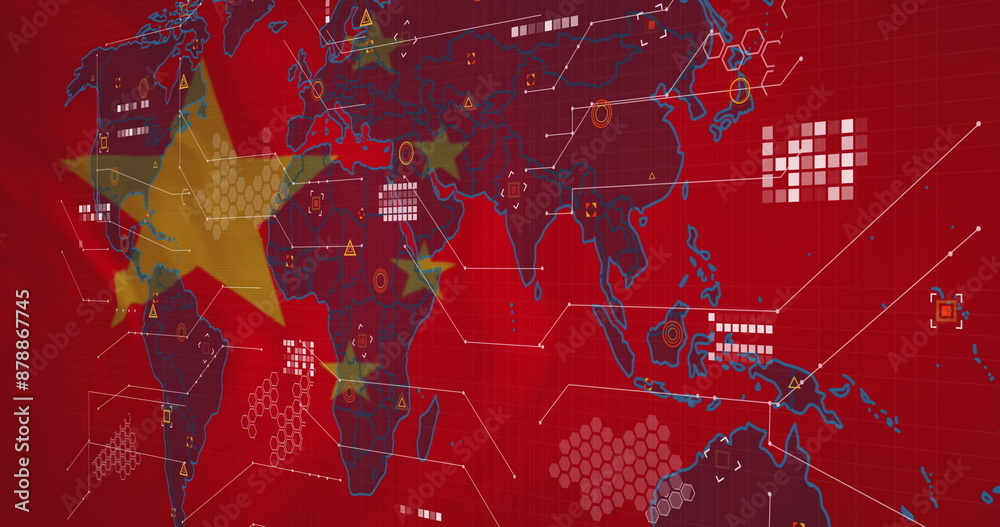 Sticker Image of world map and data processing against waving china flag background