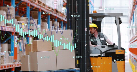 Image of statistical data processing over caucasian male worker operating forklift at warehouse © vectorfusionart