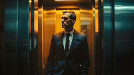 A man in a business suit exiting an elevator, looking to the side, creating an impression of determination, sleek office building setting, artificial bright lighting.