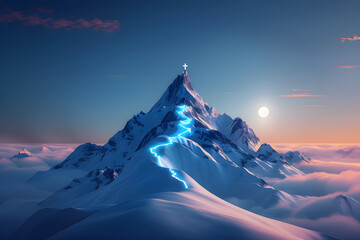 A digital art piece showcasing a snowy mountain peak with a glowing path leading to the summit, evoking themes of success and achievement. Perfect for motivational or business concepts.