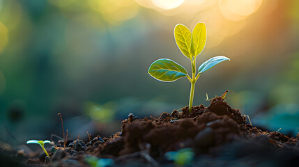 Green young tree sprout in soil with a blue blurred background, morning sunlight, representing growth, investment, and success, with copy space.