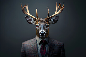 Anthropomorphic portrait of a deer in a formal suit against a dark background. Creates a surreal and corporate atmosphere. Ideal for business, conceptual art, and formal events.