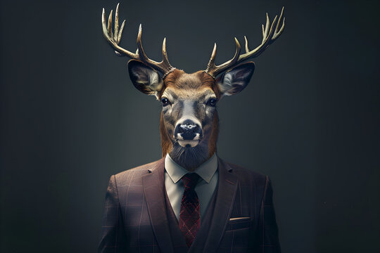 Anthropomorphic portrait of a deer in a formal suit, combining elements of nature and business. Suitable for graphic design, corporate identity, themed events, and wall art.