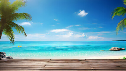 Obraz premium Wooden pedestal of free space for your decoration and summer landscape of beach