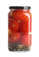 Tasty pickled tomatoes in jar isolated on white