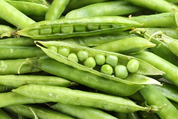 Many fresh green pods and peas as background, closeup