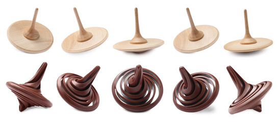 Many different spinning tops isolated on white, set