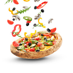 Pizza and ingredients in air on white background