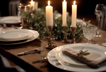 Fototapeta premium close table luxury empty view cutlery vintage object glasses eucalyptus plates festive candle candles holders holiday empty setting rustic celebration wine table decor nobody with