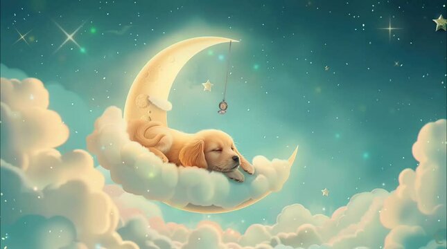 A cute dog sleeping on moon in the sky. Seamless loop video background