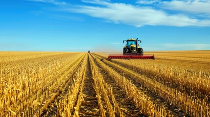 Obraz premium Tractor Harvesting in a Golden Field.