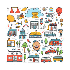 Naklejka premium Create a collection of cartoon-style vector illustrations featuring various elements related to elementary school education