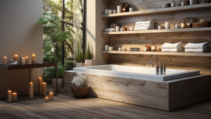 Bathroom with shampoo bottle, towels, bathtub, storage cabinet, etc. Created with generative AI