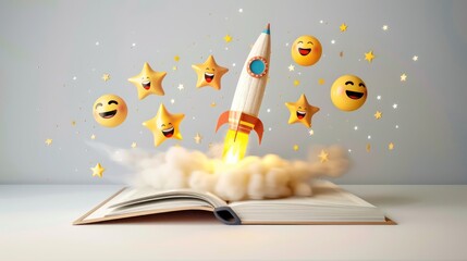 A dynamic composition where a pencil rocket launches from a book, with smiling emojis acting as stars in a makeshift galaxy on a white background