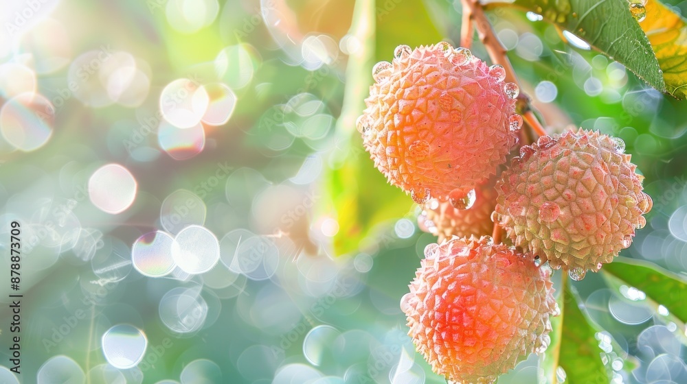 Sticker Lychee Fruit with Dew Drops on a Branch.