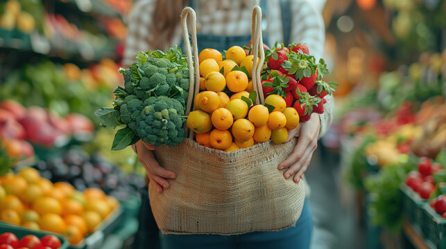 Person holding a basket of fresh fruits and vegetables at a market