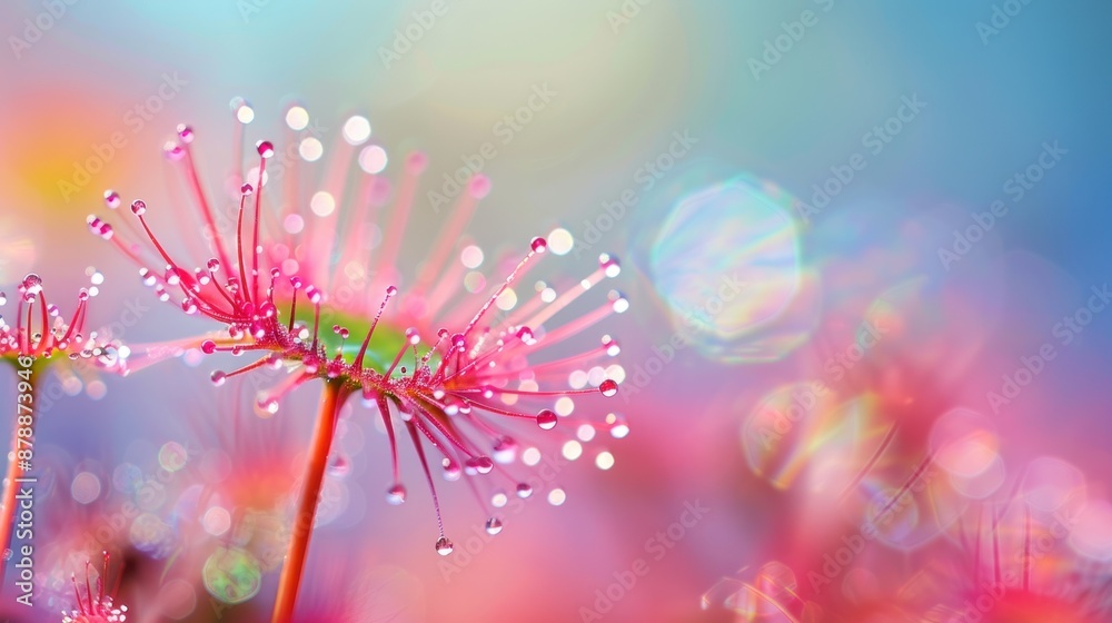 Sticker Dewdrops on Pink Flower with Rainbow Bokeh.