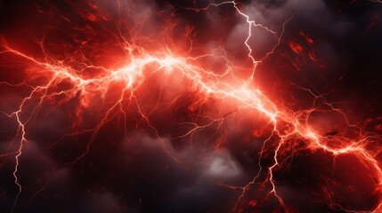 A vivid red lightning bolt streaks across dark, ominous clouds, creating a stark contrast and an electrifying visual effect in the stormy sky