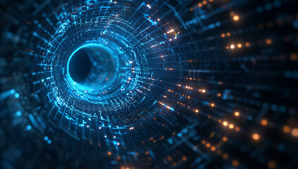 Obraz premium Blue digital technology background with glowing light on a dark blue background, a complex network of lines and dots forming the shape of an abstract tunnel or portal leading to another dimension, glo