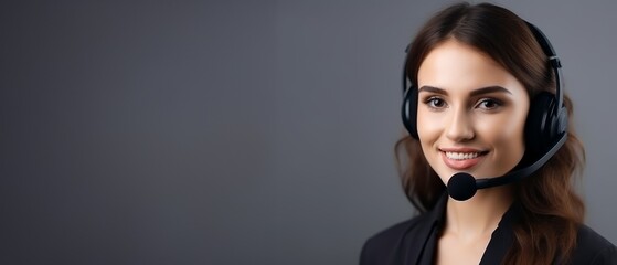 A smiling woman wearing a headset with a microphone, representing customer service or technical support, stands against a grey background