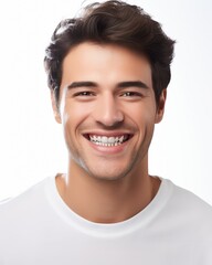 Fototapeta premium Smiling man with short, dark hair and a bright expression, wearing a white shirt, against a plain light background