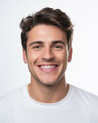 Fototapeta premium A young man with tousled hair and a friendly smile, wearing a white shirt, posing against a plain white background
